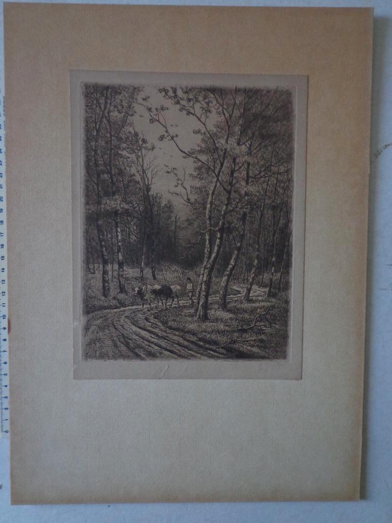 Ets van Jules Guiette "Boslandschap met ossenspan", Ophalen of Verzenden, Landschap, Ets, Gesigneerd