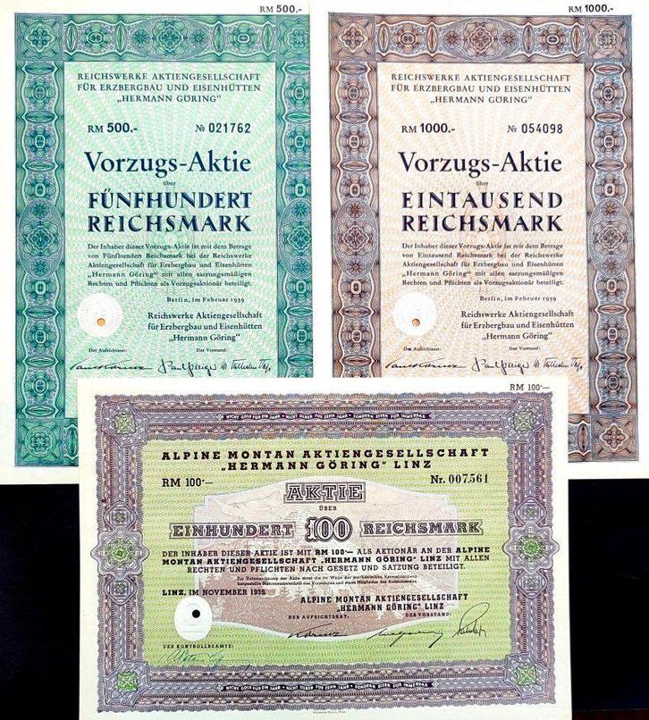 3X originele "Hermann Göring" aandelen 1939, Timbres & Monnaies, Actions & Titres, Action, 1920 à 1950, Enlèvement ou Envoi