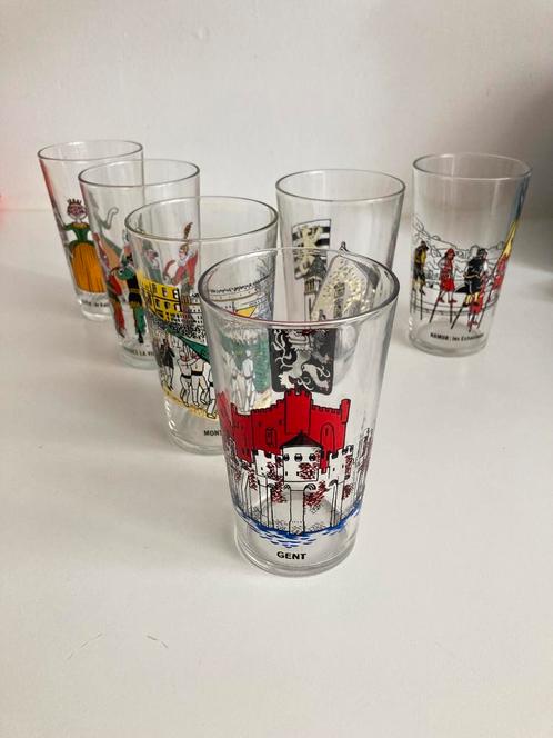 6 glazen Reims: steden van België, Verzamelen, Glas en Drinkglazen, Gebruikt, Frisdrankglas, Ophalen of Verzenden