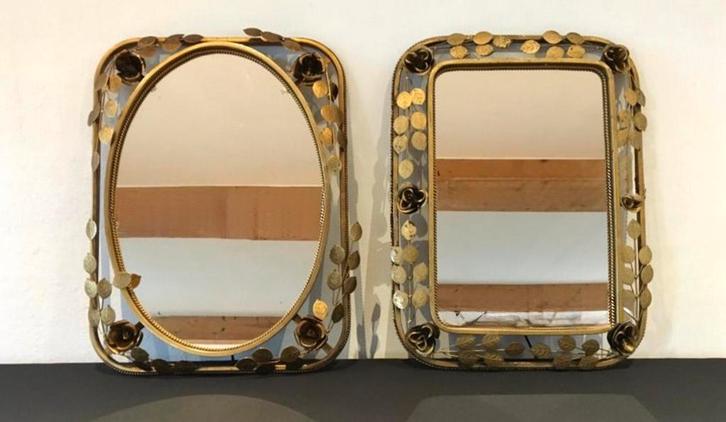 Mid-Century Goud Vergulde Bloemenspiegels met Verlichting, Antiek en Kunst, Antiek | Woonaccessoires, Ophalen