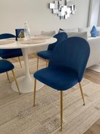 Set van 4 elegante stoelen in blauw fluweel en gouden poten, Huis en Inrichting, Stoelen, Ophalen, Zo goed als nieuw, Blauw