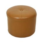 Ronde Vintage Poef Camel Bruin Skai Kunstleer, Hout, Minder dan 50 cm, Gebruikt, Rond