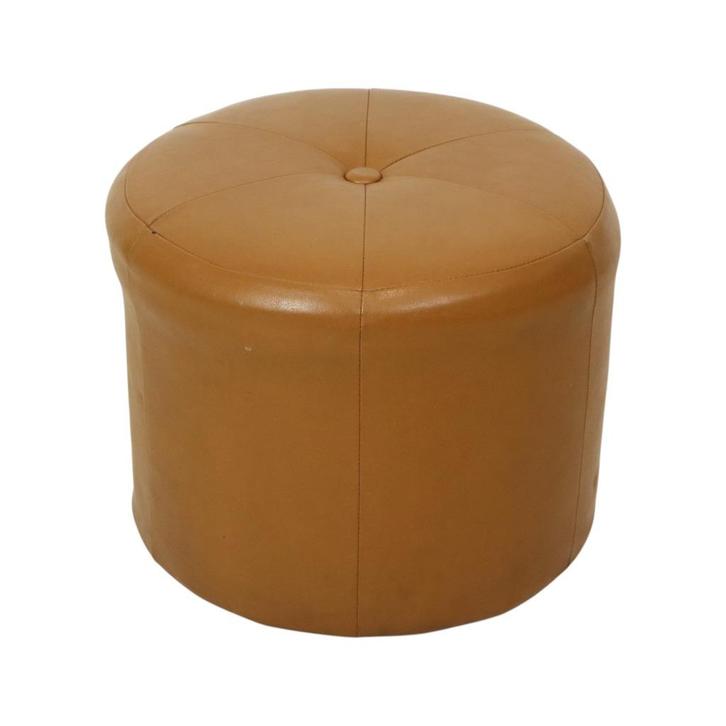 Ronde Vintage Poef Camel Bruin Skai Kunstleer, Huis en Inrichting, Zetels | Voetbanken en poefs, Gebruikt, Minder dan 50 cm, Minder dan 50 cm