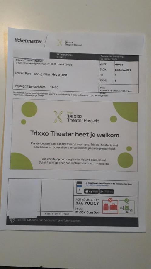 Ticket Peter Pan/Musical, Tickets en Kaartjes, Overige Tickets en Kaartjes, Eén persoon