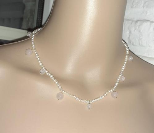 Ketting zoetwaterparel en rozenkwarts parels, Handtassen en Accessoires, Kettingen, Nieuw, Steen of Mineraal, Wit, Met edelsteen