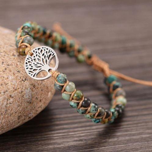 Gevlochten armband met Jade en Levensboom zilverkleurig, Handtassen en Accessoires, Armbanden, Nieuw, Zilver, Met bedels of kralen