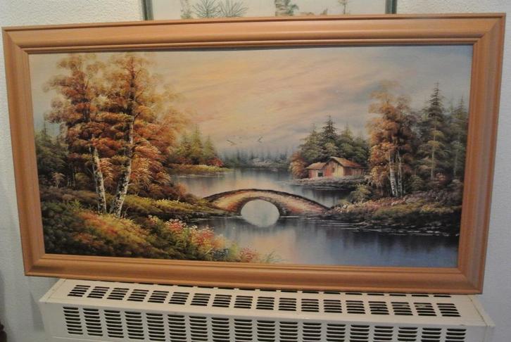 Schild.Landschap/Brug/Houten Chalets aan een Meer, Antiquités & Art, Art | Peinture | Classique, Enlèvement