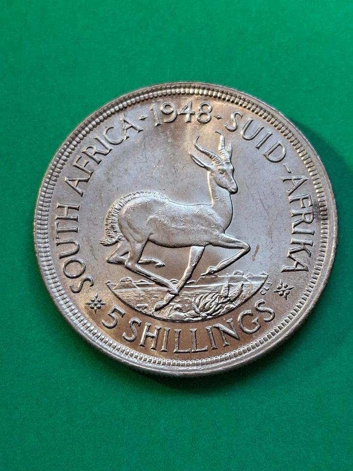1948 Zuid Afrika 5 shillings in zilver met springbok, Postzegels en Munten, Munten | Afrika, Losse munt, Zuid-Afrika, Zilver, Verzenden
