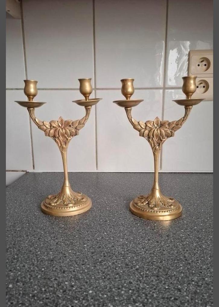 paar vintage messing kandelaars in art nouveau-stijl., Antiek en Kunst, Antiek | Kandelaars, Ophalen