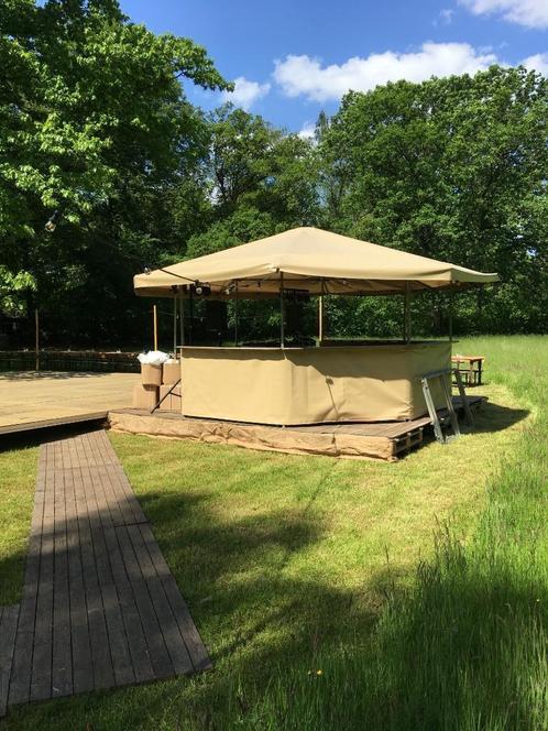 6 hoekige bartent/podiumtent met safarizeilen, Divers, Drapeaux & Banderoles, Utilisé, Enlèvement