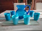 Mooie blauwe waterkan en 6 blauwe bekers, Ophalen, Gebruikt