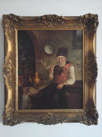 MOOI OUD SCHILDERIJ " OUDE MAN MET PIJP " IN BAROKKE LIJST  beschikbaar voor biedingen