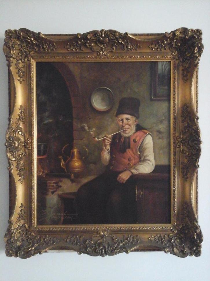 MOOI OUD SCHILDERIJ " OUDE MAN MET PIJP " IN BAROKKE LIJST, Antiek en Kunst, Kunst | Schilderijen | Klassiek, Ophalen