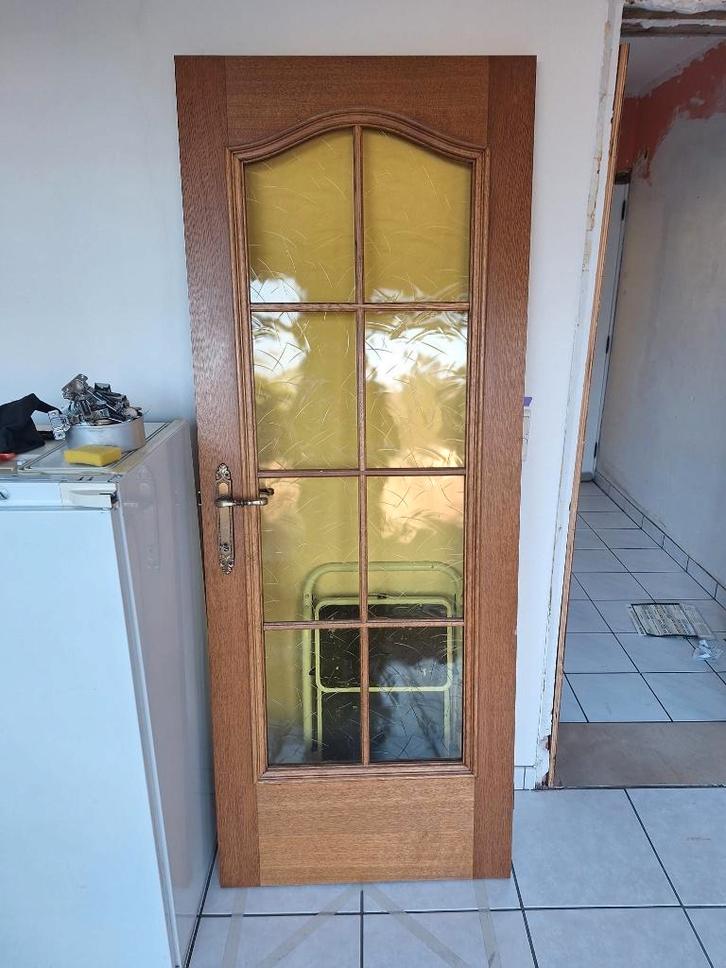 Klassieke eikenhouten binnendeur met glasraam, Doe-het-zelf en Bouw, Deuren en Vliegenramen, Zo goed als nieuw, Binnendeur, 200 tot 215 cm