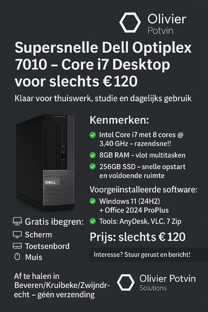 Dell Optiplex 7010 core i7, Computers en Software, Desktop Pc's, Refurbished, 3 tot 4 Ghz, SSD, 8 GB, Met monitor, Ophalen
