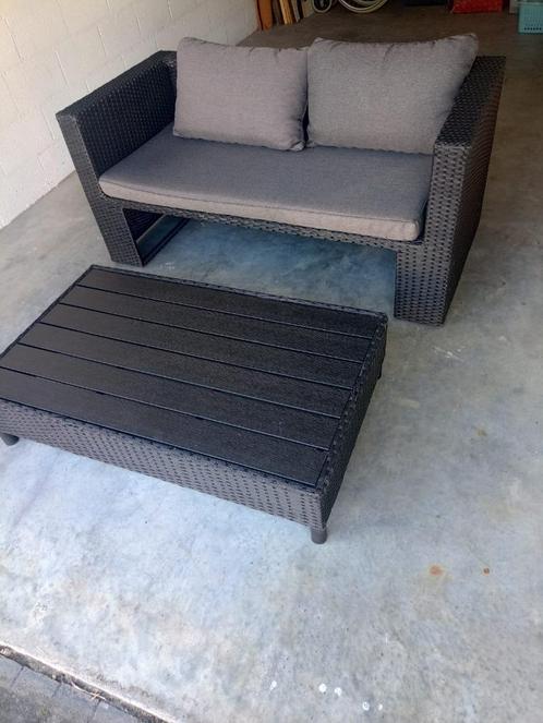 Tuinset, Tuin en Terras, Tuinsets en Loungesets, Gebruikt, Loungeset, Kunststof, 2 zitplaatsen, Bank, Eettafel, Ophalen