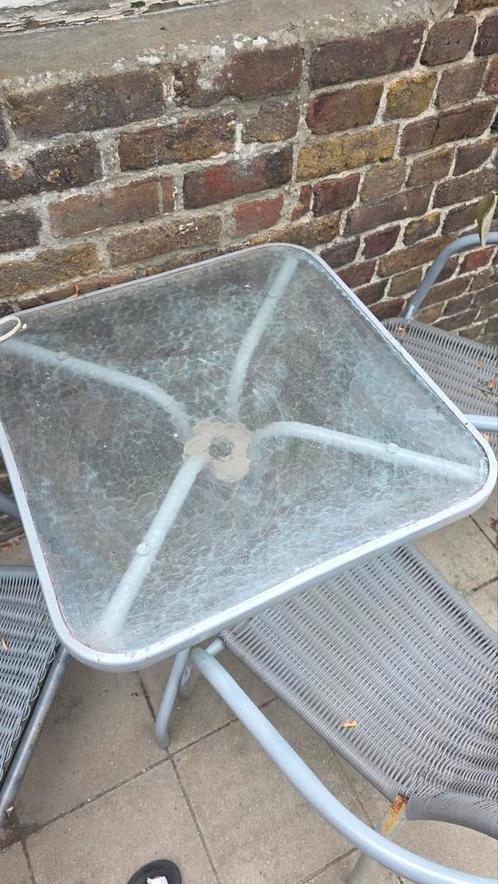 Bistro setje van glazen tafeltje en 3 stoelen, Tuin en Terras, Tuintafels, Gebruikt, Ophalen