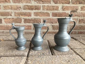 3 tinnen bekers/kruiken/kannen met deksel beschikbaar voor biedingen