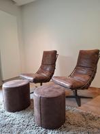 Set van 2 cognac leren fauteuils + bijpassende poef, Huis en Inrichting, Fauteuils, Ophalen, Zo goed als nieuw