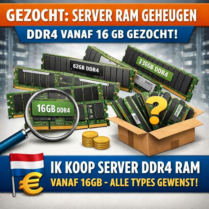 Gezocht: Server RAM DDR4 vanaf 16GB, Computers en Software, RAM geheugen, Ophalen of Verzenden
