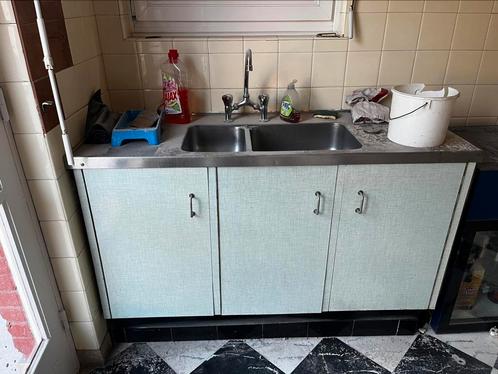 Meuble Formica + Évier 2 bacs en Inox, Huis en Inrichting, Keuken | Complete keukens, Gebruikt, Enkelwandige keuken, Groen, Staal of Inox