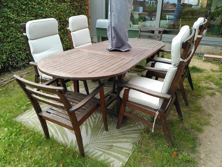 Tuinset hout gebruikt, Tuin en Terras, Tuinsets en Loungesets, Gebruikt, Tuinset, Hout, 6 zitplaatsen, Eettafel, Stoel, Ophalen