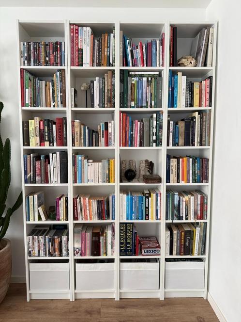 BILLY boekenkast wit (set van 4 met bovenstukken), Huis en Inrichting, Kasten | Boekenkasten, Gebruikt, 150 tot 200 cm, 200 cm of meer