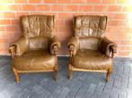 2x fauteuil in eik en leder, Ophalen, Gebruikt, Hout