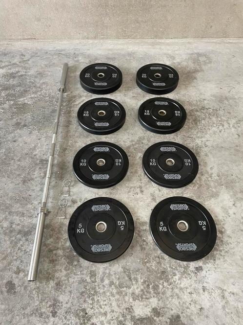 Omympische 120kg halterset met bumper plates, Sport en Fitness, Fitnessmaterialen, Nieuw, Halterset, Armen, Benen, Borst, Buik