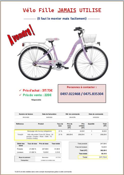 Vélo 24 pouces neuf – Jamais utilisé – 220€ (négociable), Fietsen en Brommers, Fietsen | Meisjes, Nieuw, 24 inch, Handrem, Ophalen
