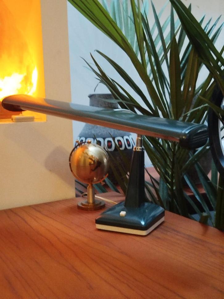 Vintage sixties blauwgrijze bureau-/diamantairslamp – Glamor, Huis en Inrichting, Lampen | Overige, Gebruikt, Ophalen of Verzenden