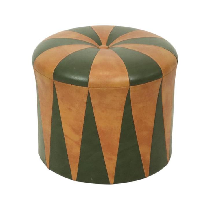 Ronde Vintage Poef Groen Bruin Tweekleurig Skai Sixties, Huis en Inrichting, Zetels | Voetbanken en poefs, Gebruikt, Minder dan 50 cm