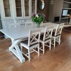 Houten witte eettafel met 6 stoelen, 200 cm of meer, 50 tot 100 cm, Gebruikt, Landelijk