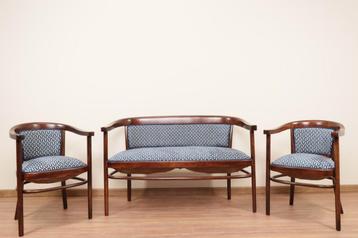 Zitset ontwerp van Thonet 1910 jacquard blauw geometrisch beschikbaar voor biedingen