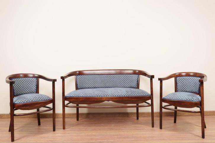 Zitset ontwerp van Thonet 1910 jacquard blauw geometrisch, Antiek en Kunst, Antiek | Meubels | Stoelen en Sofa's, Ophalen of Verzenden