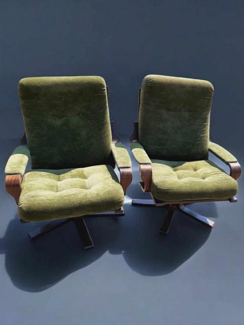 Set van 2 vintage 70'r design draaistoelen, fauteuil., Huis en Inrichting, Fauteuils, Gebruikt, Hout, Stof, 75 tot 100 cm, Minder dan 75 cm