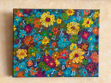 Schilderij op doek. Vrolijke zingende bloemen. Uniek en enig beschikbaar voor biedingen
