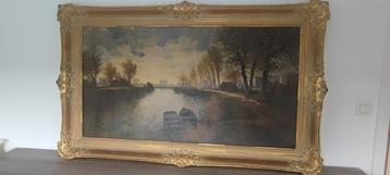 Zeer groot olie schilderij op doek bootjes aan de waterkant  beschikbaar voor biedingen