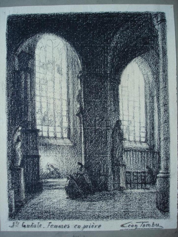 houtskooltekening Léon Tombu Femmes en prière Sainte Gudule, Antiek en Kunst, Kunst | Tekeningen en Fotografie, Ophalen of Verzenden