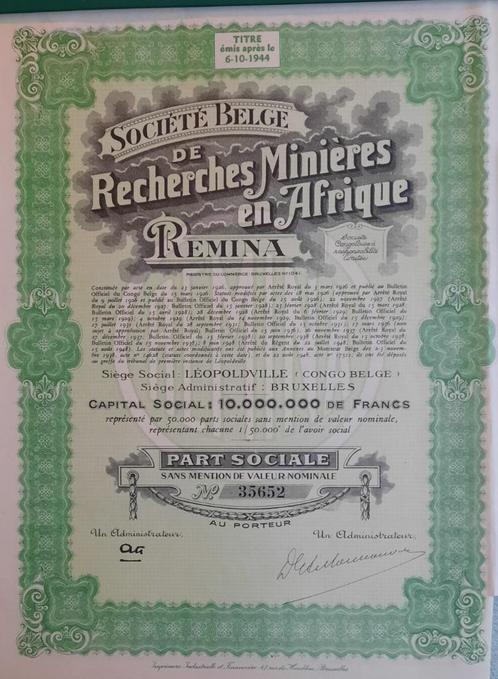 Remina - Leopoldville - 1948, Postzegels en Munten, Aandelen en Waardepapieren, Aandeel, 1920 tot 1950, Ophalen of Verzenden