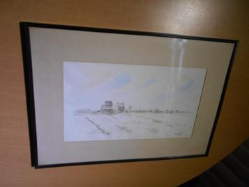 Schilderij boerderij landschap aquarel, handgeschilderd beschikbaar voor biedingen