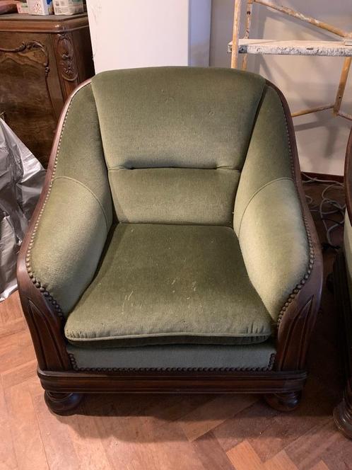 Fauteuils bois et velours vert (2), Maison & Meubles, Fauteuils, Utilisé, Bois, Tissus, 75 à 100 cm, 75 à 100 cm, Enlèvement