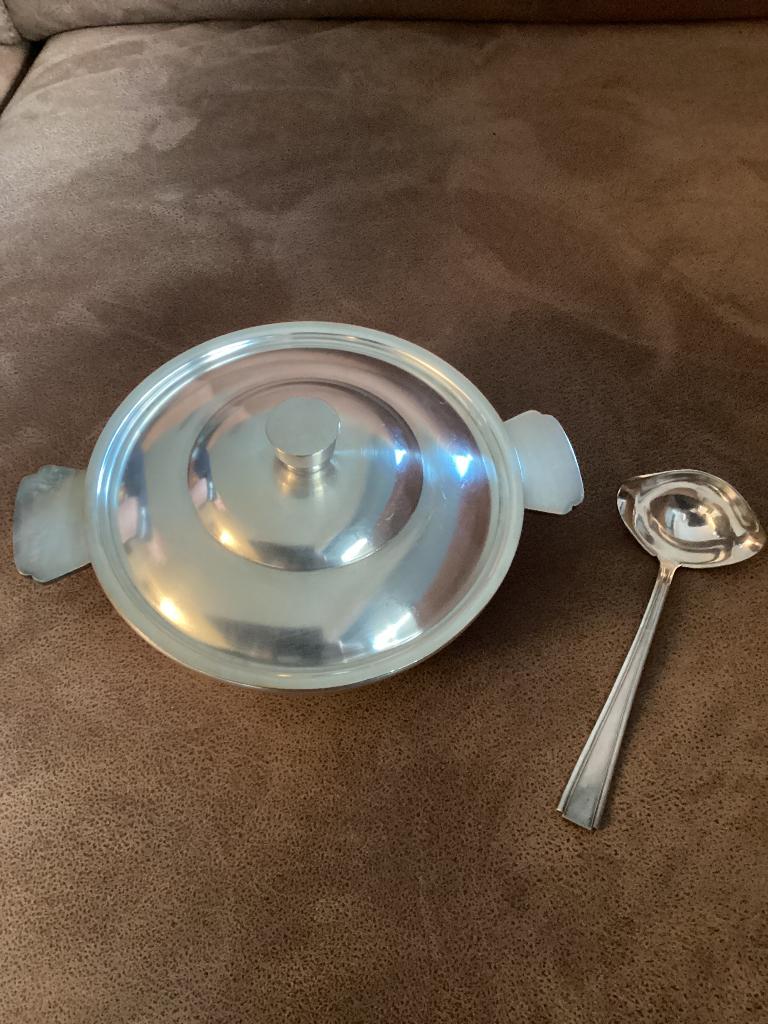 Antiek verzilverde kom met deksel en serveerlepel, Ophalen of Verzenden