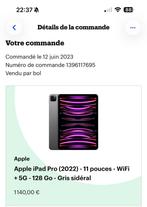 Ipad Pro (2022) 11" Wifi 5g 128go, Informatique & Logiciels, Gris, 11 pouces, Comme neuf, Enlèvement