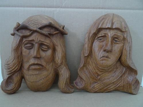 Sculpture sur bois d'art populaire Jésus et Marie 1950, Antiquités & Art, Art | Sculptures & Bois, Enlèvement ou Envoi