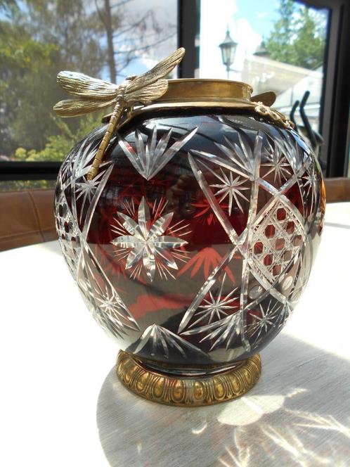 Vaas kristal/koperbeslag libellen - Art nouveau, Antiek en Kunst, Antiek | Glaswerk en Kristal, Ophalen of Verzenden