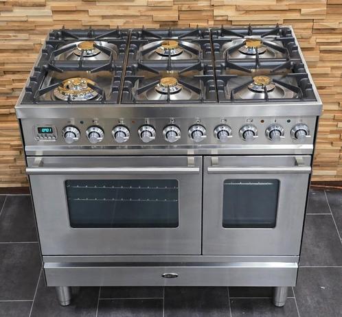 🔥Luxe Fornuis Boretti 90 cm rvs + rvs 6 pits 2 ovens, Elektronische apparatuur, Fornuizen, Zo goed als nieuw, Vrijstaand, Gas