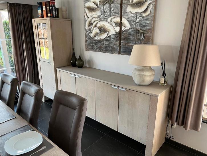 dressoir + barkast massief Franse eik ( whitewash), Huis en Inrichting, Kasten | Dressoirs, Zo goed als nieuw, 200 cm of meer