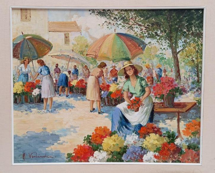HERMAN VERLINDEN schilderij bloemenmarkt, Antiek en Kunst, Kunst | Schilderijen | Klassiek, Ophalen of Verzenden