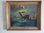 MOOI OUD OLIE VERF SCHILDERIJ OP DOEK  " HAVENZICHT  ", Ophalen